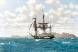 El HMS Beagle, el 17 de octubre de 1835, cerca de las 14h15, cuando se aproximaba a recoger a Darwin en el cabo Cowan, en la isla Santiago. La pintura es de John Chancellor, de 1980.
