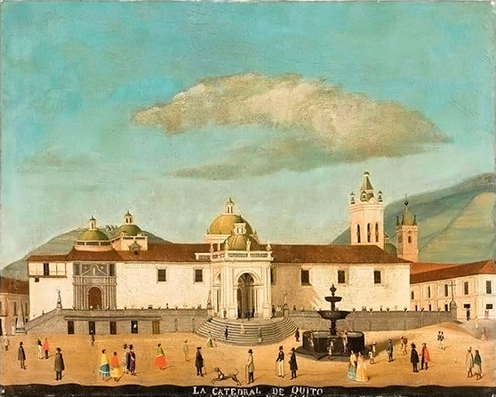La catedral de Quito y la Plaza Grande en el siglo XIX. Óleo anónimo. Colección del Museo Nacional del Ecuador.