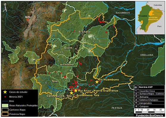Mapa de incidencia de minería ilegal en la provincia de Napo en 2021. Amazon Conservation / Ecociencia