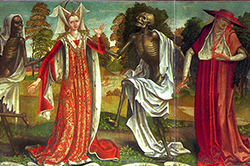 Danza de la muerte (c. 1480), pintura al óleo de Bernt Notke, museo Niguliste, en la iglesia de San Nicolás de Tallin, Estonia. Las danzas macabras era pinturas piadosas que recordaban a los fieles la inminencia y universalidad de la muerte.