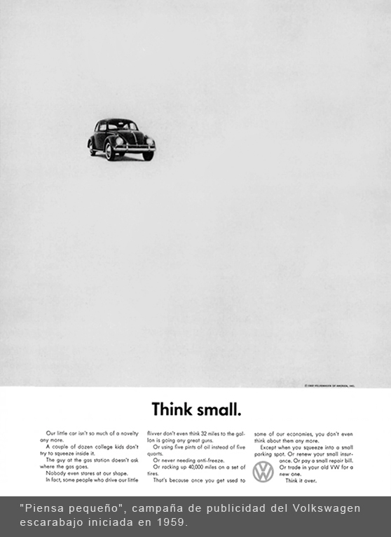 Músico con tocado de aves, cultura Jama Coaque (350 a. C.—1532 d. C.). / Museo Casa del Alabado "Piensa pequeño", campaña de publicidad del Volkswagen escarabajo iniciada en 1959.