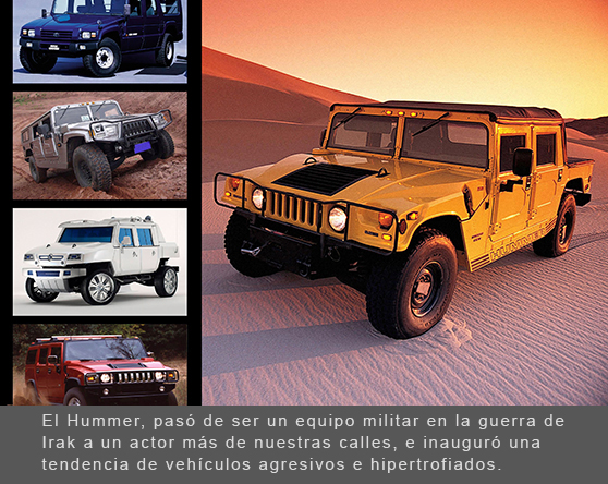 El Hummer y otros carros hipertrofiados que han sido importados de los escenarios de guerra a las calles de las ciudades. El Hummer y otros carros hipertrofiados que han sido importados de los escenarios de guerra a las calles de las ciudades.